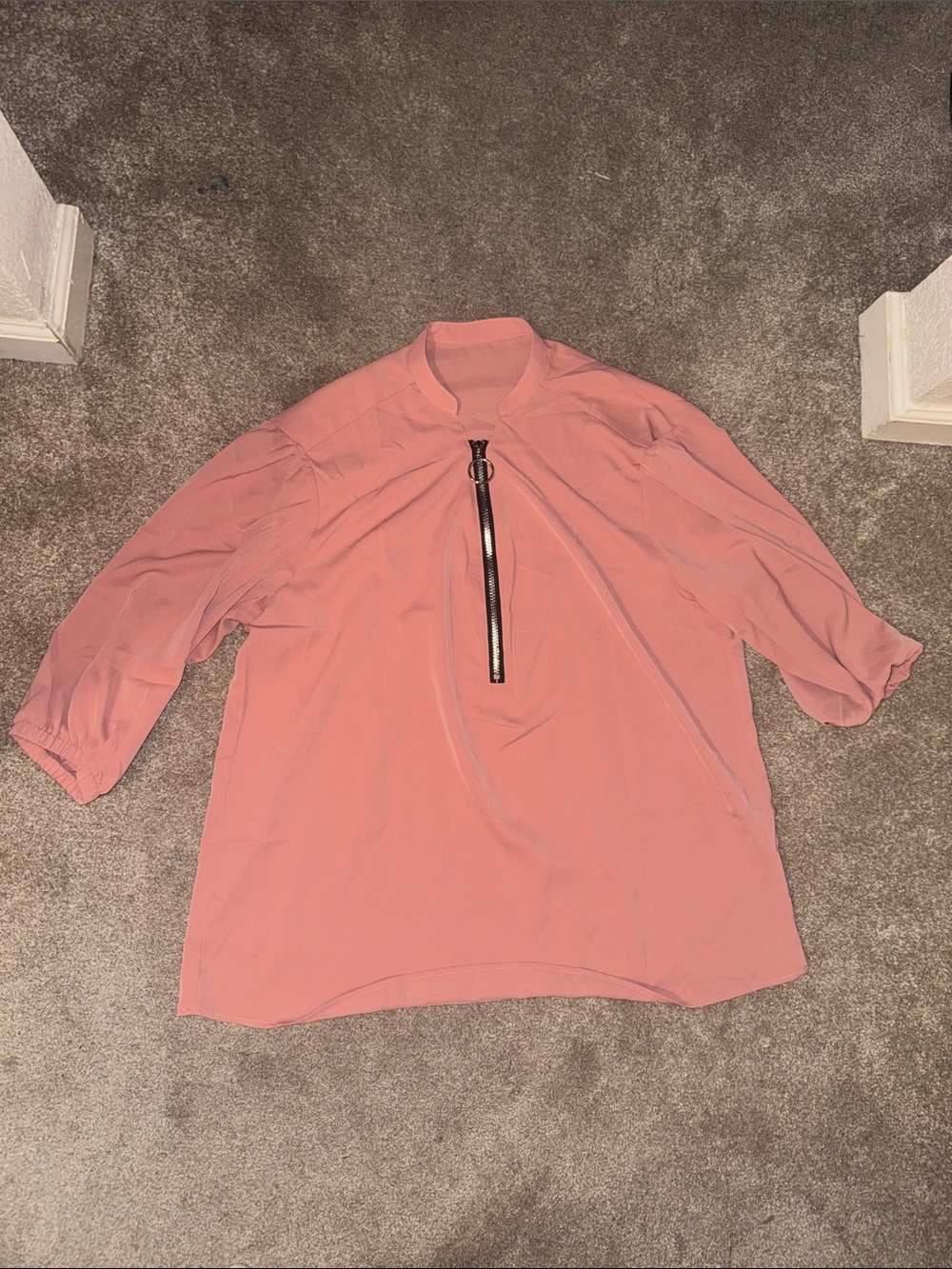 Blush Pink Zip-Front Mandarin Collar Blouse